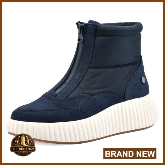Platform High-Top Sneaker Booties with Front Zip Wedge Heel